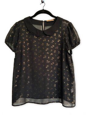 Vera Wang Semi-Sheer Black Blouse with Gold Floral Print and Peter Pan Collar